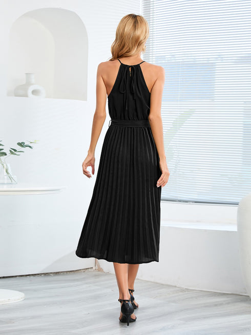 pleated-spaghetti-strap-tie-waist-midi-dress Sophia's Trends - Sophia's Style-Dark Green-L